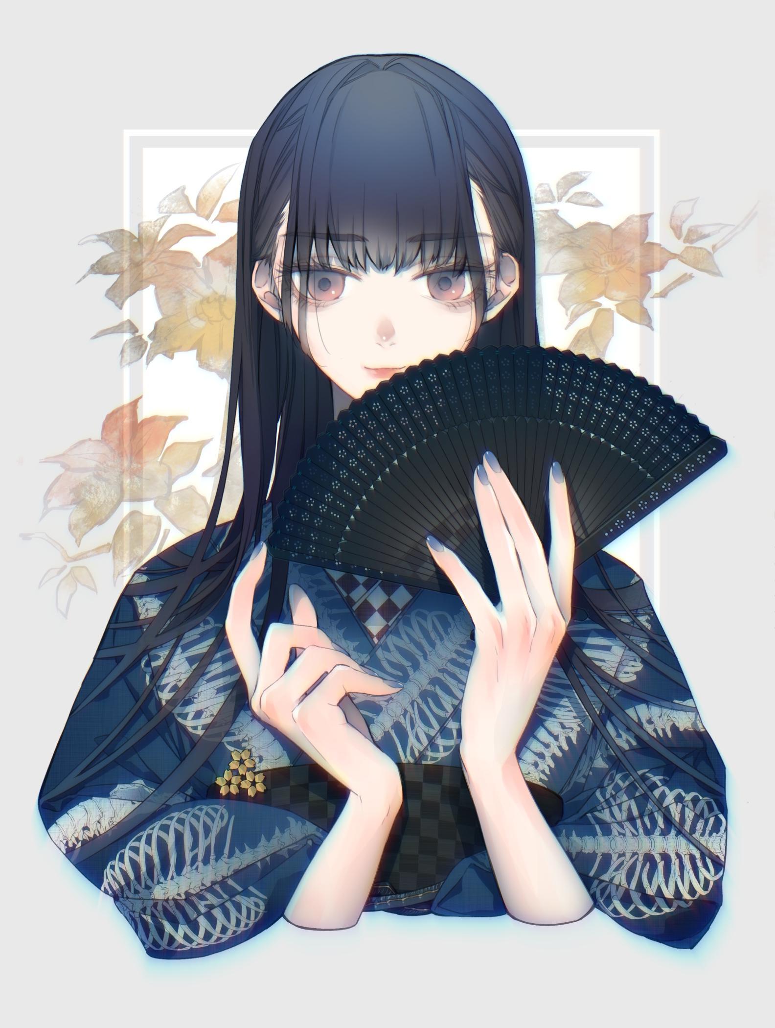 p站画师作品肋骨纹和服和镂空扇子